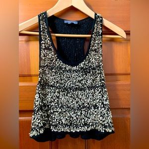Gryphon NY Gold/Silver Metal Sequins sewn onto Black Mesh Tank Top, Like New, Sm
